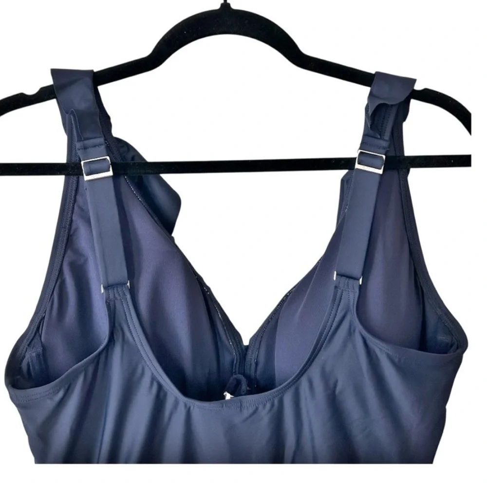 DKNY Womens Ruffle Navy One Piece Swimsuit SZ Medium - Picture 4 of 6
